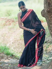 Bengal Weaves. Handwoven Soft Cotton Saree - Midnight Ember
