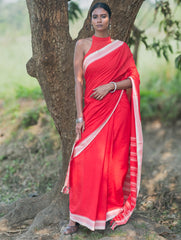 Bengal Weaves. Handwoven Soft Cotton Saree - Crimson Glow
