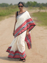 Bengal Weaves. Handwoven Soft Cotton Saree - Ivory Tartan