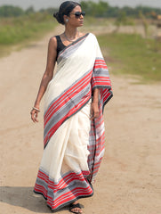 Bengal Weaves. Handwoven Soft Cotton Saree - Ivory Tartan
