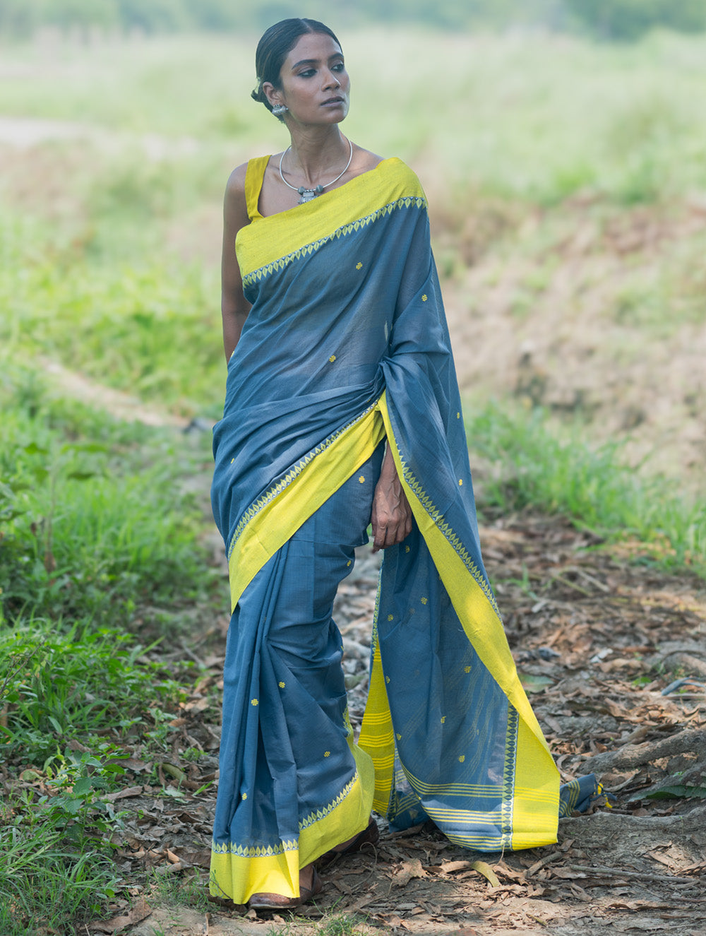 Bengal Weaves. Handwoven Soft Cotton Saree - Monsoon Lime
