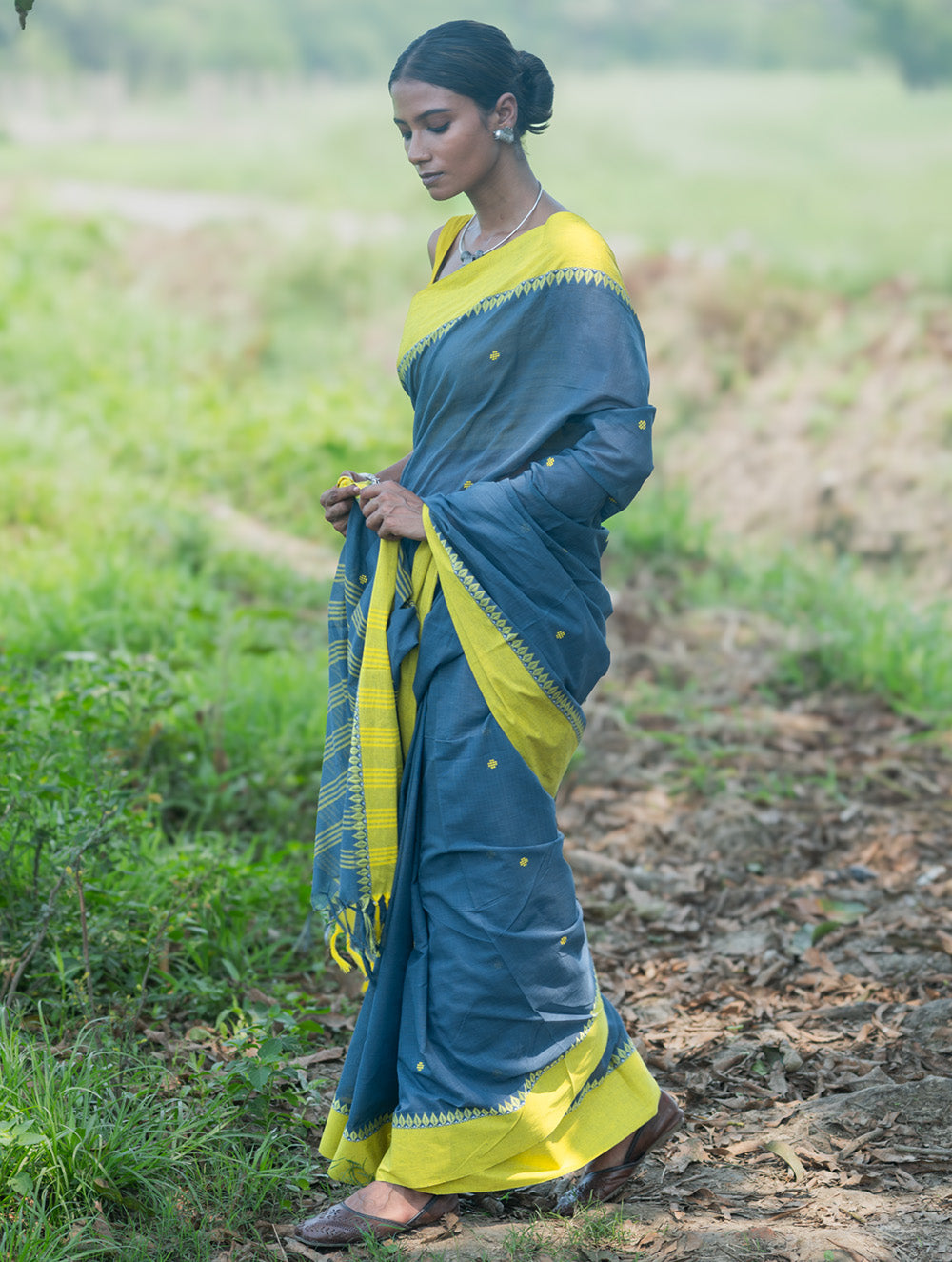 Bengal Weaves. Handwoven Soft Cotton Saree - Monsoon Lime