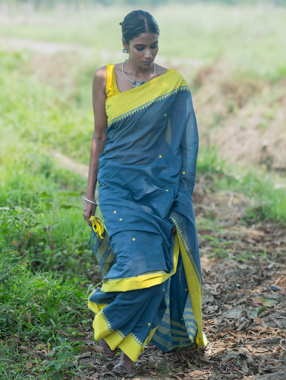 Bengal Weaves. Handwoven Soft Cotton Saree - Monsoon Lime