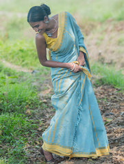 Bengal Weaves. Handwoven Soft Cotton Saree - Sky Harvest