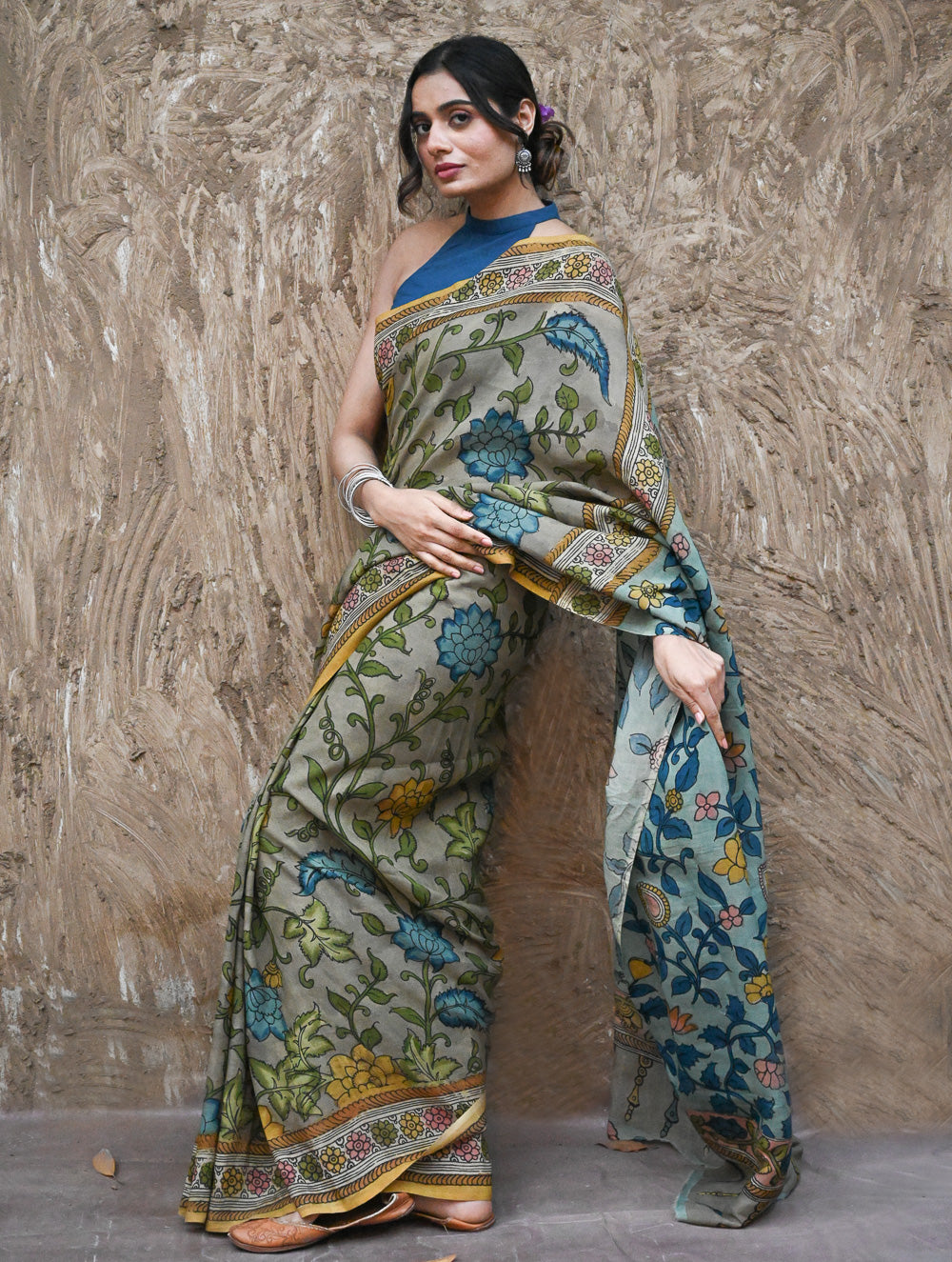 Signature Kalamkari Hand Painted Silk Blend Saree - Neelavalli