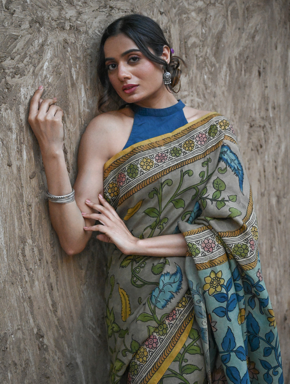 Signature Kalamkari Hand Painted Silk Blend Saree - Neelavalli