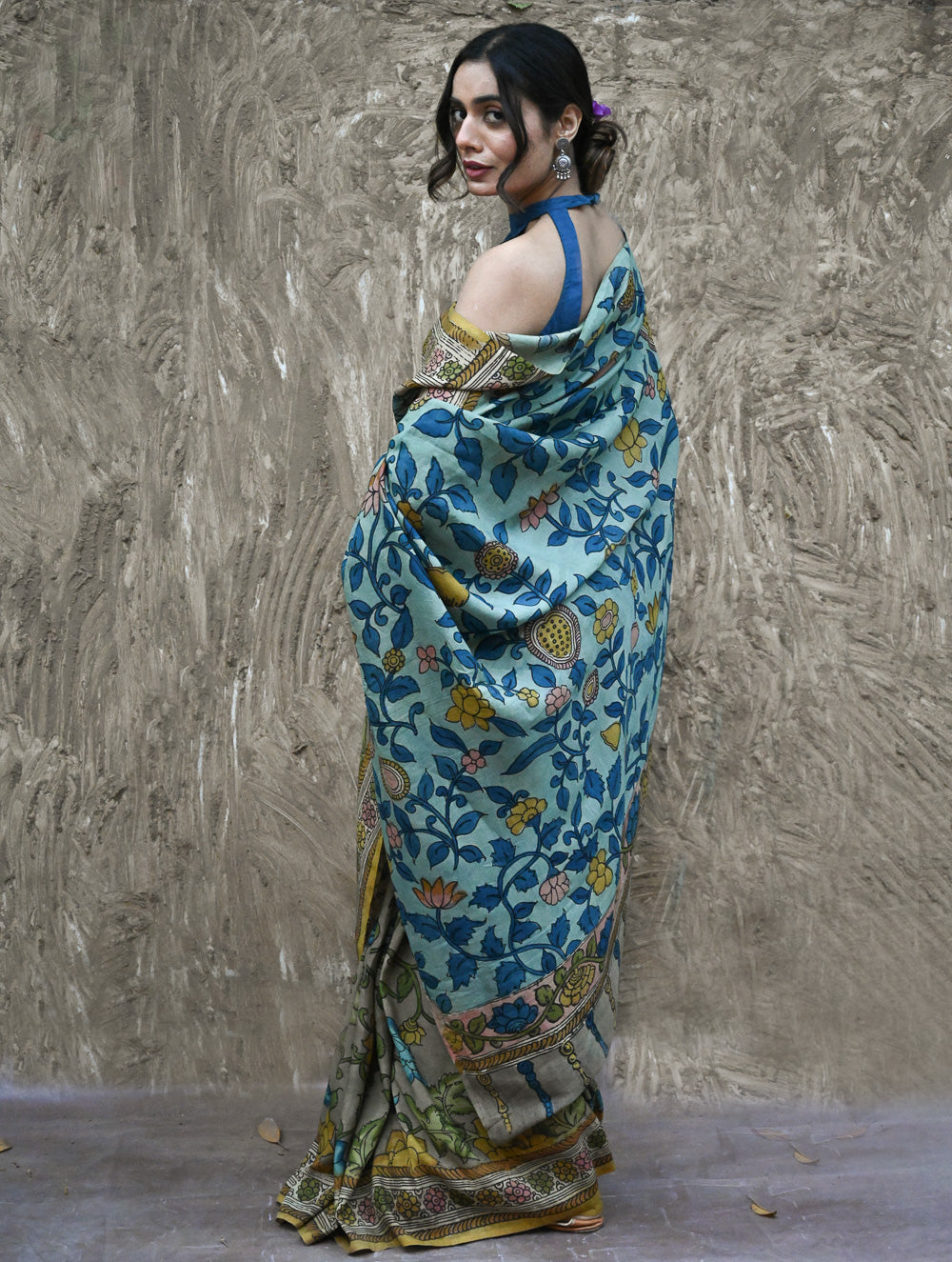 Signature Kalamkari Hand Painted Silk Blend Saree - Neelavalli