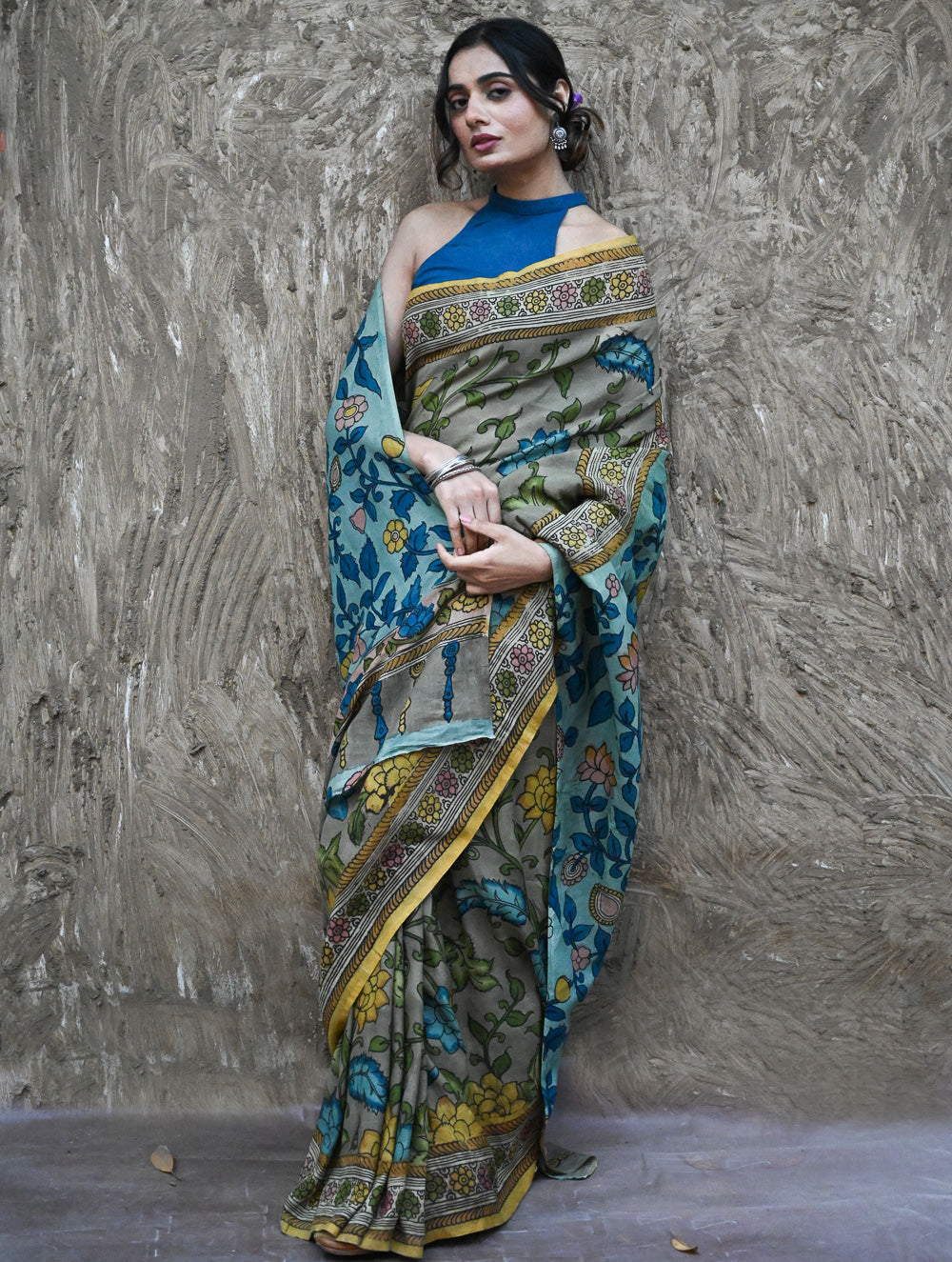 Signature Kalamkari Hand Painted Silk Blend Saree - Neelavalli