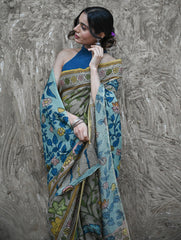 Signature Kalamkari Hand Painted Silk Blend Saree - Neelavalli