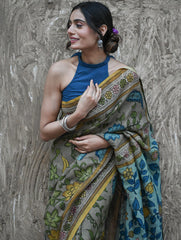 Signature Kalamkari Hand Painted Silk Blend Saree - Neelavalli
