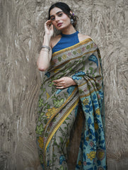 Signature Kalamkari Hand Painted Silk Blend Saree - Neelavalli