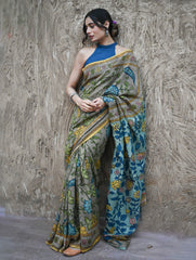 Signature Kalamkari Hand Painted Silk Blend Saree - Neelavalli