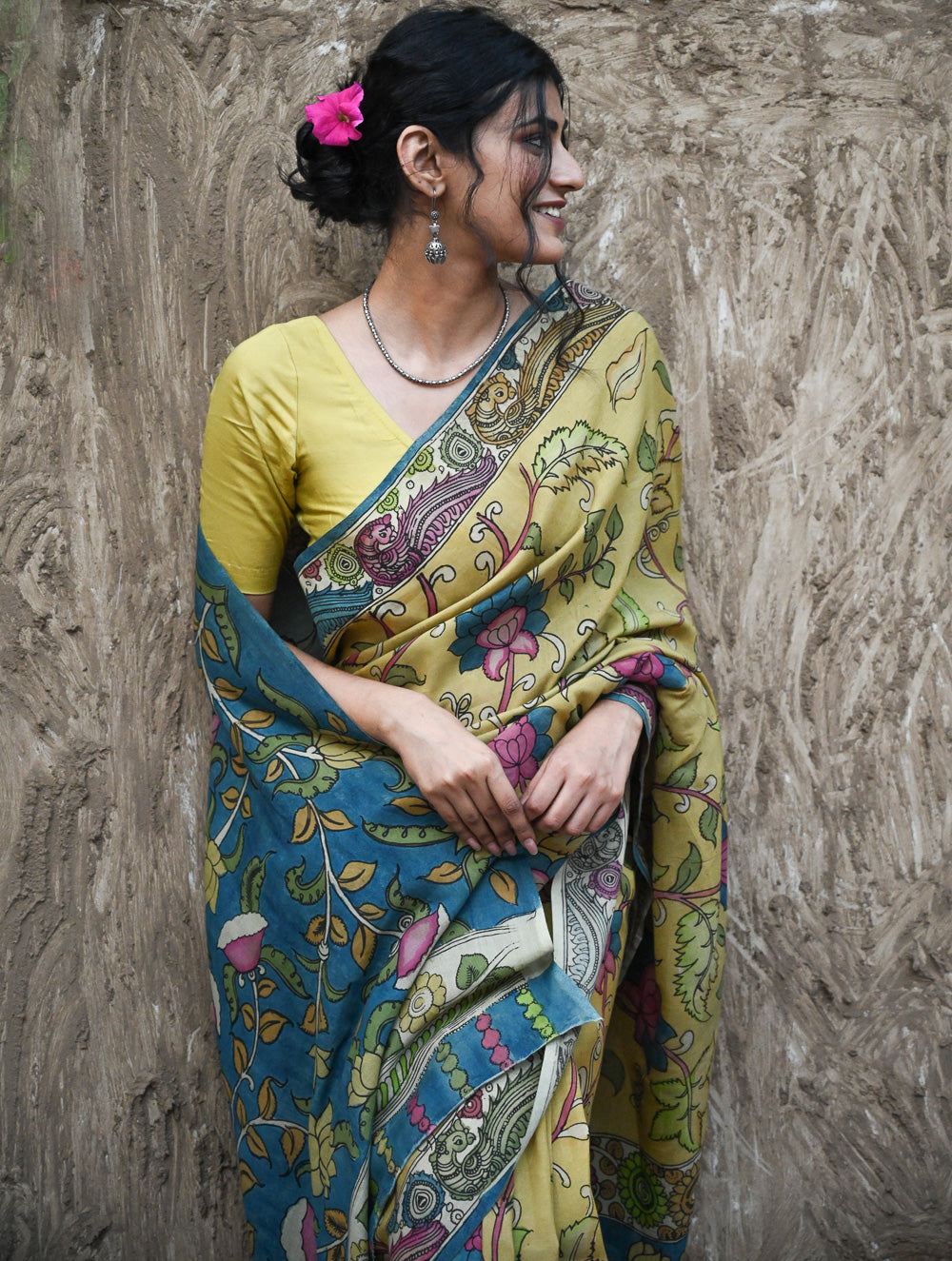 Signature Kalamkari Hand Painted Silk Blend Saree - Mangalavalli