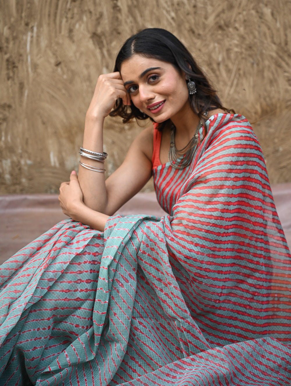 The Rang Tarang Collection : Hand Dyed Leheriya Kota Cotton Saree - Sindoor Saanjh