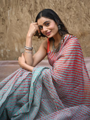 The Rang Tarang Collection : Hand Dyed Leheriya Kota Cotton Saree - Sindoor Saanjh
