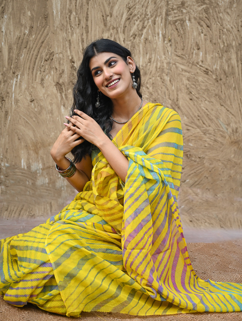 The Rang Tarang Collection : Hand Dyed Leheriya Kota Cotton Saree - Basant Leher
