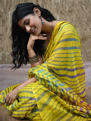 The Rang Tarang Collection : Hand Dyed Leheriya Kota Cotton Saree - Basant Leher