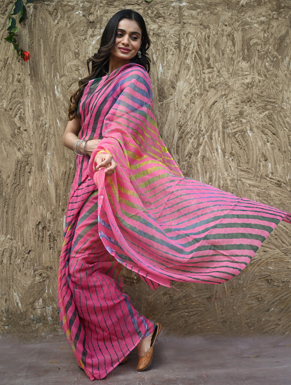 The Rang Tarang Collection : Hand Dyed Leheriya Kota Cotton Saree - Gulabi Ghoomar