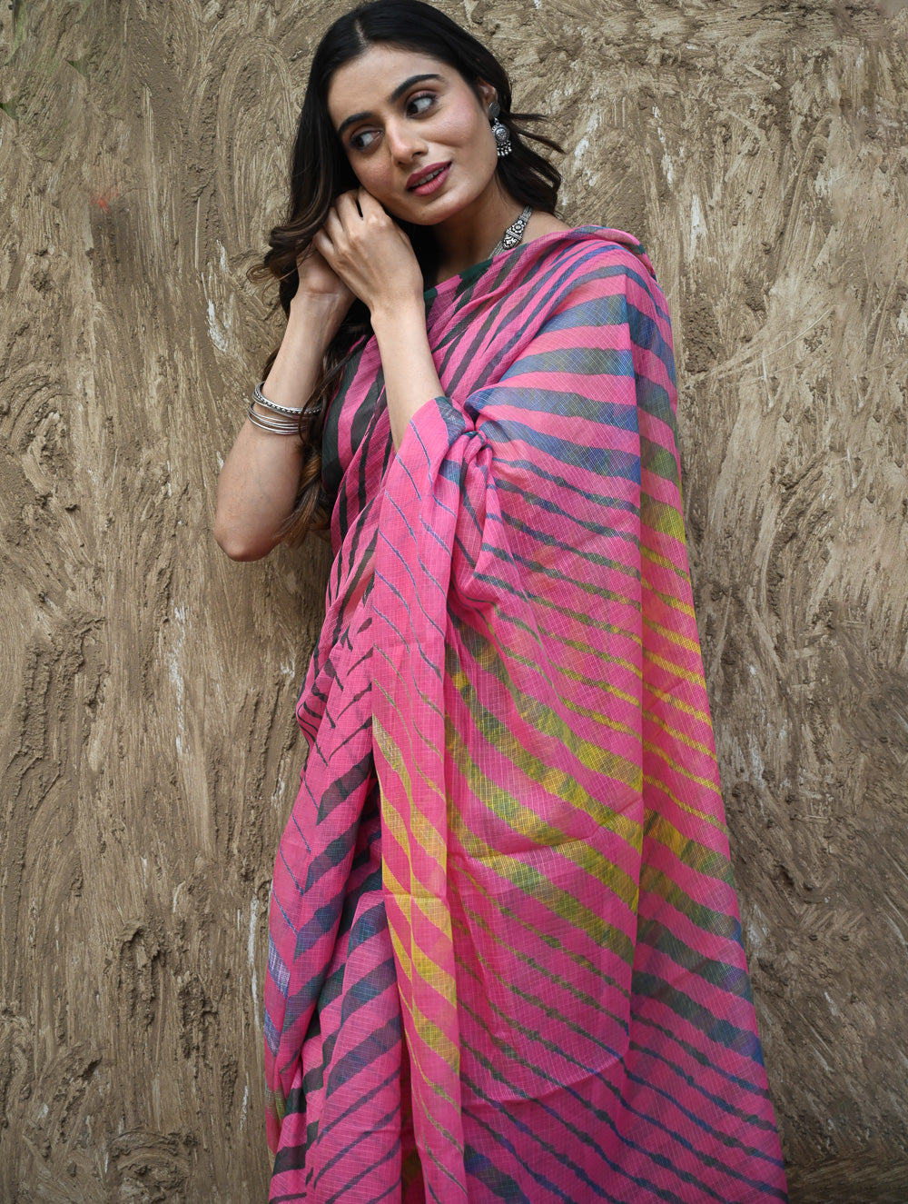 The Rang Tarang Collection : Hand Dyed Leheriya Kota Cotton Saree - Gulabi Ghoomar