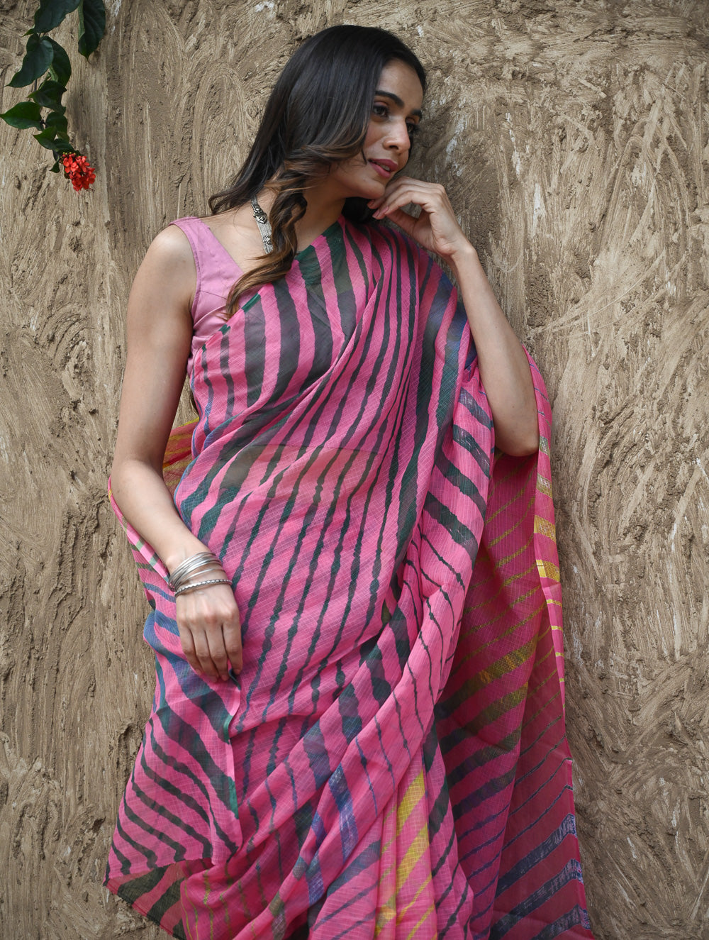 The Rang Tarang Collection : Hand Dyed Leheriya Kota Cotton Saree - Gulabi Ghoomar