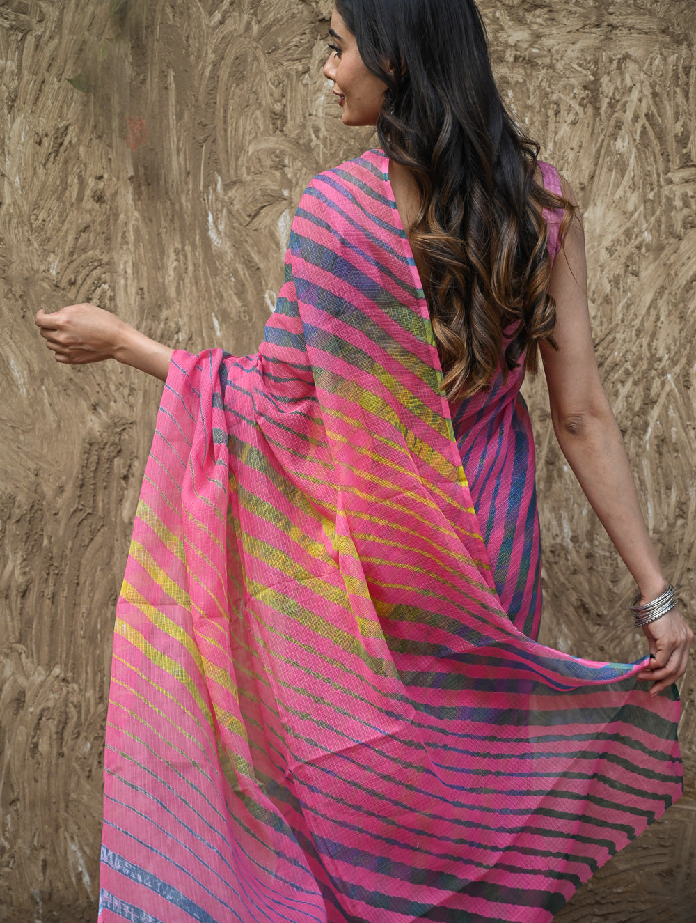 The Rang Tarang Collection : Hand Dyed Leheriya Kota Cotton Saree - Gulabi Ghoomar