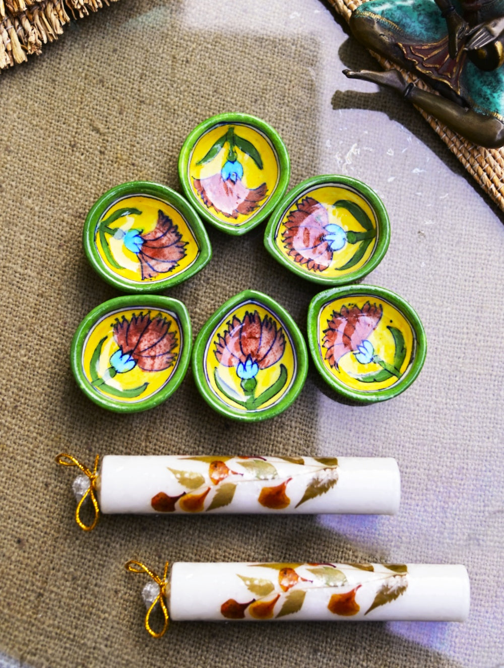 The Heritage Diya Collection: Jaipur Blue Pottery Diyas (Set of 6) & Aromatic Puducherry Candles (Set of 2) - Floral Reverie