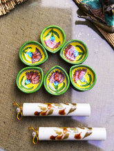 The Heritage Diya Collection: Jaipur Blue Pottery Diyas (Set of 6) & Aromatic Puducherry Candles (Set of 2) - Floral Reverie