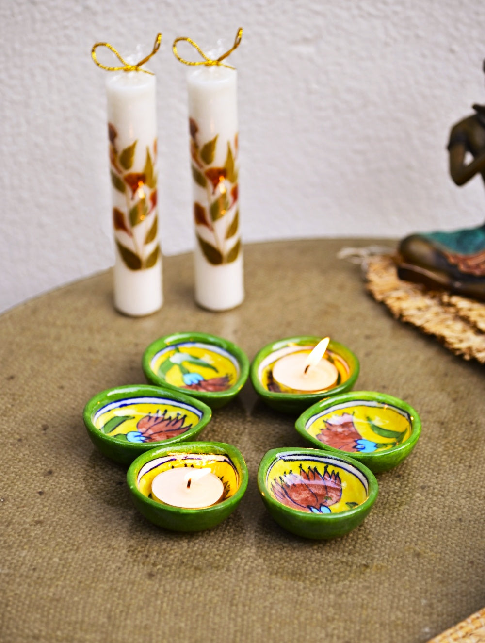 The Heritage Diya Collection: Jaipur Blue Pottery Diyas (Set of 6) & Aromatic Puducherry Candles (Set of 2) - Floral Reverie