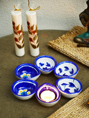 The Heritage Diya Collection: Jaipur Blue Pottery Diyas (Set of 6) & Aromatic Puducherry Candles (Set of 2) - Indigo Glow