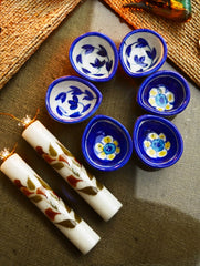 The Heritage Diya Collection: Jaipur Blue Pottery Diyas (Set of 6) & Aromatic Puducherry Candles (Set of 2) - Indigo Glow