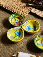 The Heritage Diya Collection: Jaipur Blue Pottery Diyas (Set of 6) & Aromatic Puducherry Candles (Set of 2) - Petals & Light