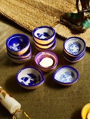 The Heritage Diya Collection: Jaipur Blue Pottery Diyas (Set of 12) & Aromatic Puducherry Candles (Set of 2) - Indigo & White
