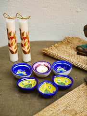 The Heritage Diya Collection: Jaipur Blue Pottery Diyas (Set of 6) & Aromatic Puducherry Candles (Set of 2) - Indigo Mustard