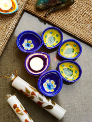 The Heritage Diya Collection: Jaipur Blue Pottery Diyas (Set of 6) & Aromatic Puducherry Candles (Set of 2) - Indigo Mustard