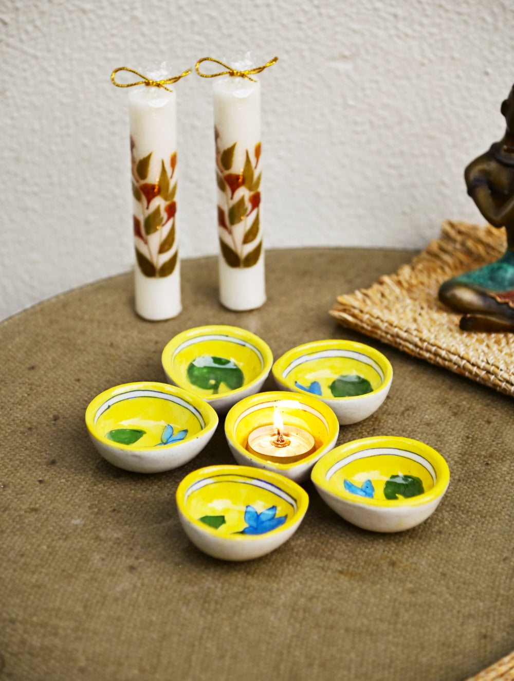 The Heritage Diya Collection: Jaipur Blue Pottery Diyas (Set of 6) & Aromatic Puducherry Candles (Set of 2) - Neel Kamal