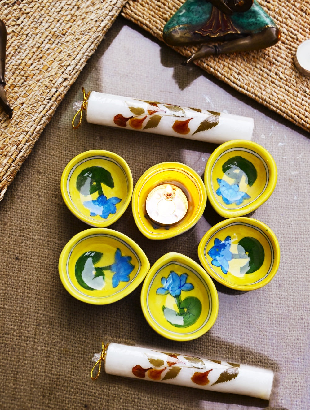 The Heritage Diya Collection: Jaipur Blue Pottery Diyas (Set of 6) & Aromatic Puducherry Candles (Set of 2) - Neel Kamal