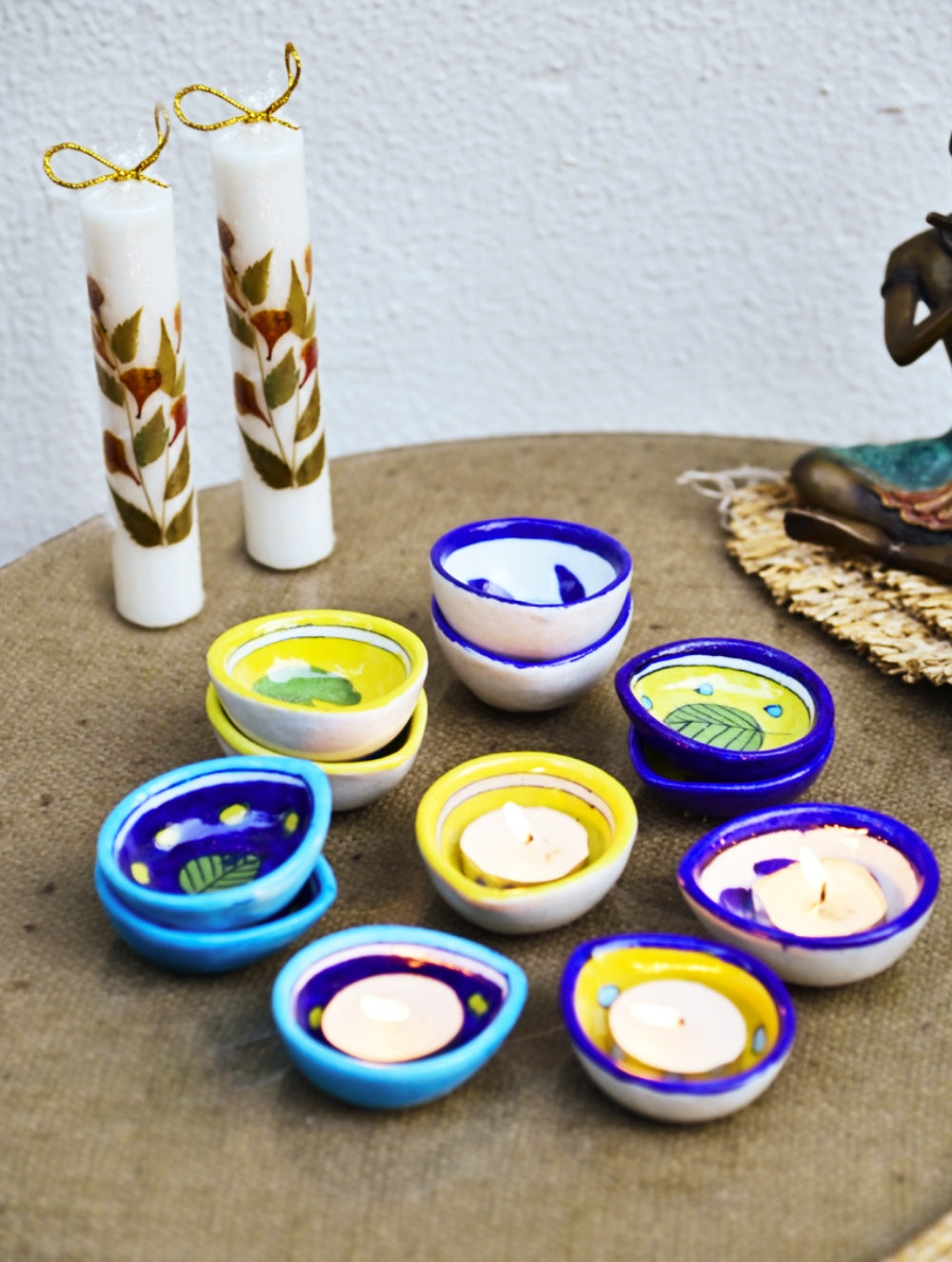 The Heritage Diya Collection: Jaipur Blue Pottery Diyas (Set of 12) & Aromatic Puducherry Candles (Set of 2) - Azure Botanica