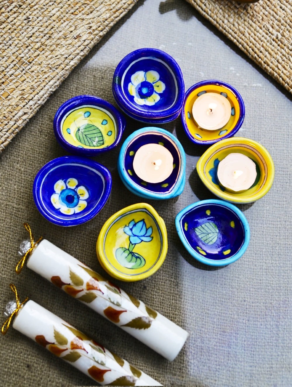 The Heritage Diya Collection: Jaipur Blue Pottery Diyas (Set of 12) & Aromatic Puducherry Candles (Set of 2) - Blue Mustard