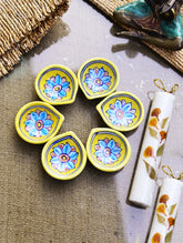 The Heritage Diya Collection: Jaipur Blue Pottery Diyas (Set of 6) & Aromatic Puducherry Candles (Set of 2) - Floral Noor