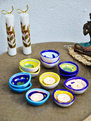 The Heritage Diya Collection: Jaipur Blue Pottery Diyas (Set of 12) & Aromatic Puducherry Candles (Set of 2) - Royal Garden.