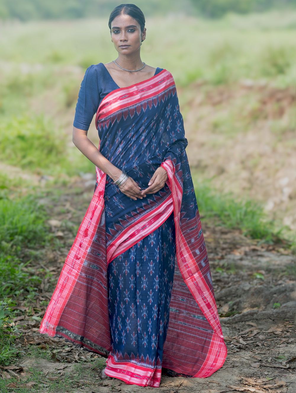 Sambalpuri Handwoven Ikat Soft Cotton Saree - Neel Megh