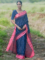 Sambalpuri Handwoven Ikat Soft Cotton Saree - Neel Megh