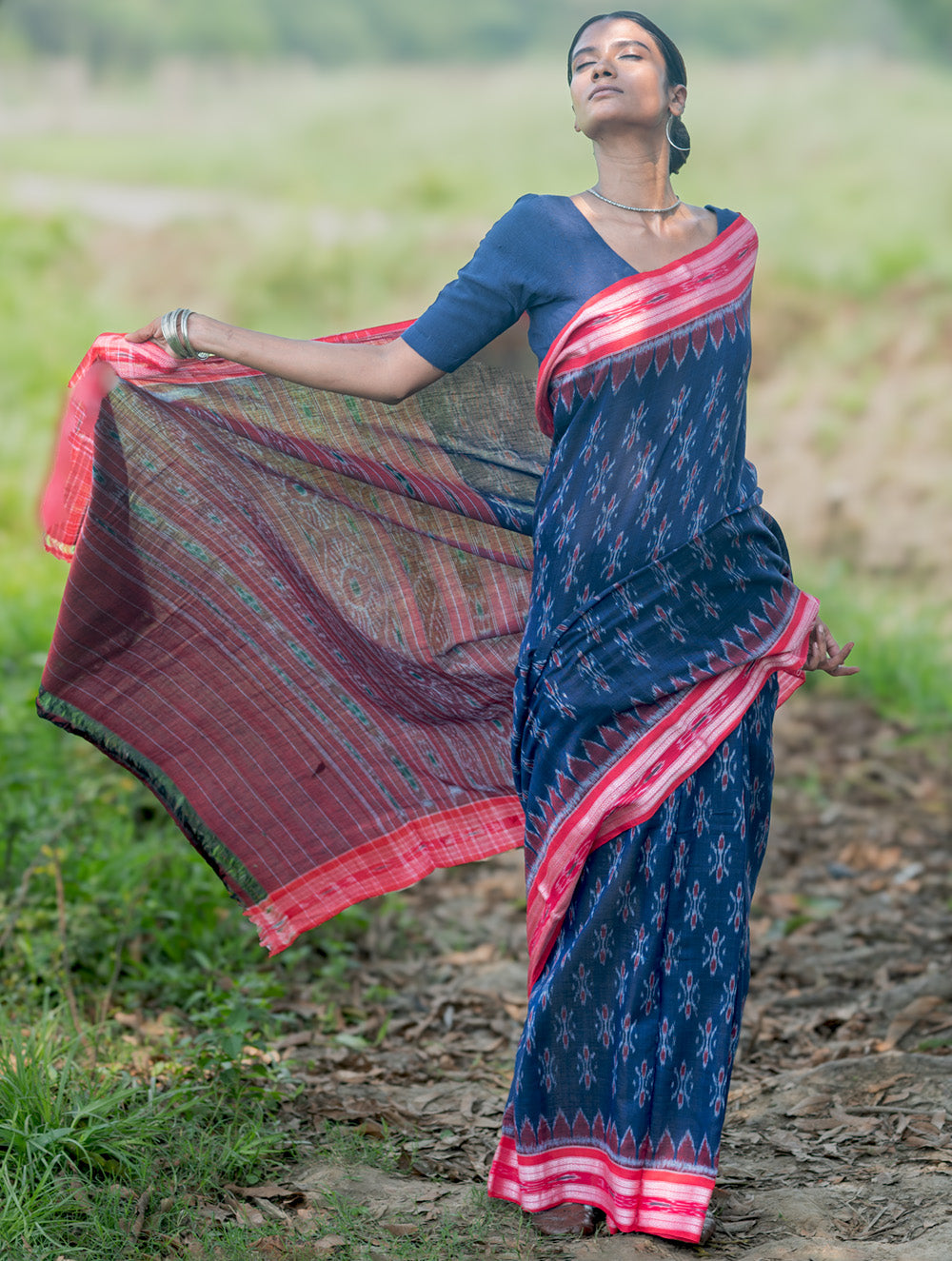 Sambalpuri Handwoven Ikat Soft Cotton Saree - Neel Megh