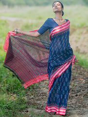 Sambalpuri Handwoven Ikat Soft Cotton Saree - Neel Megh