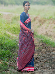 Sambalpuri Handwoven Ikat Soft Cotton Saree - Neel Megh