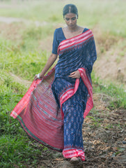 Sambalpuri Handwoven Ikat Soft Cotton Saree - Neel Megh