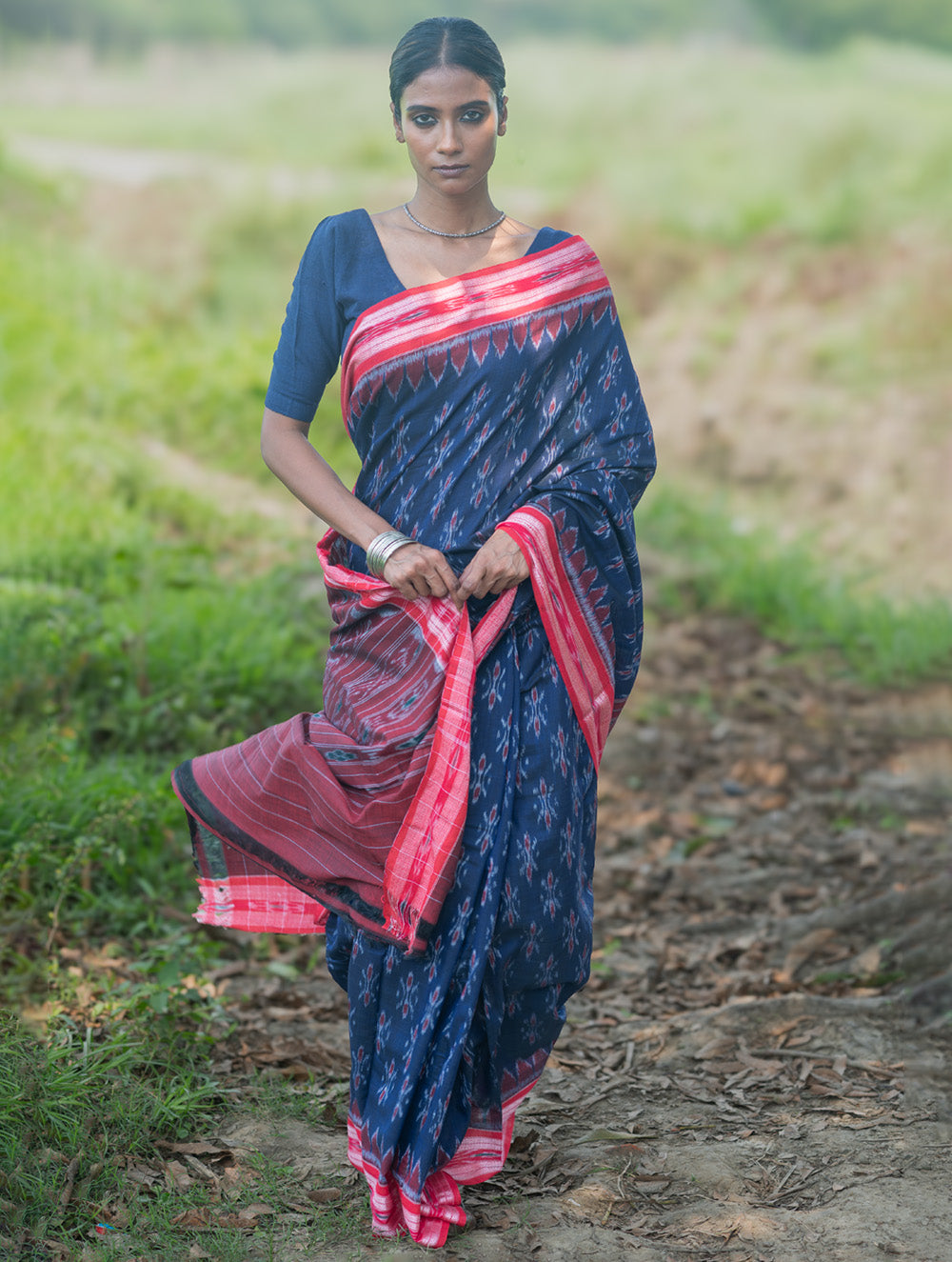 Sambalpuri Handwoven Ikat Soft Cotton Saree - Neel Megh