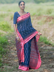 Sambalpuri Handwoven Ikat Soft Cotton Saree - Neel Megh