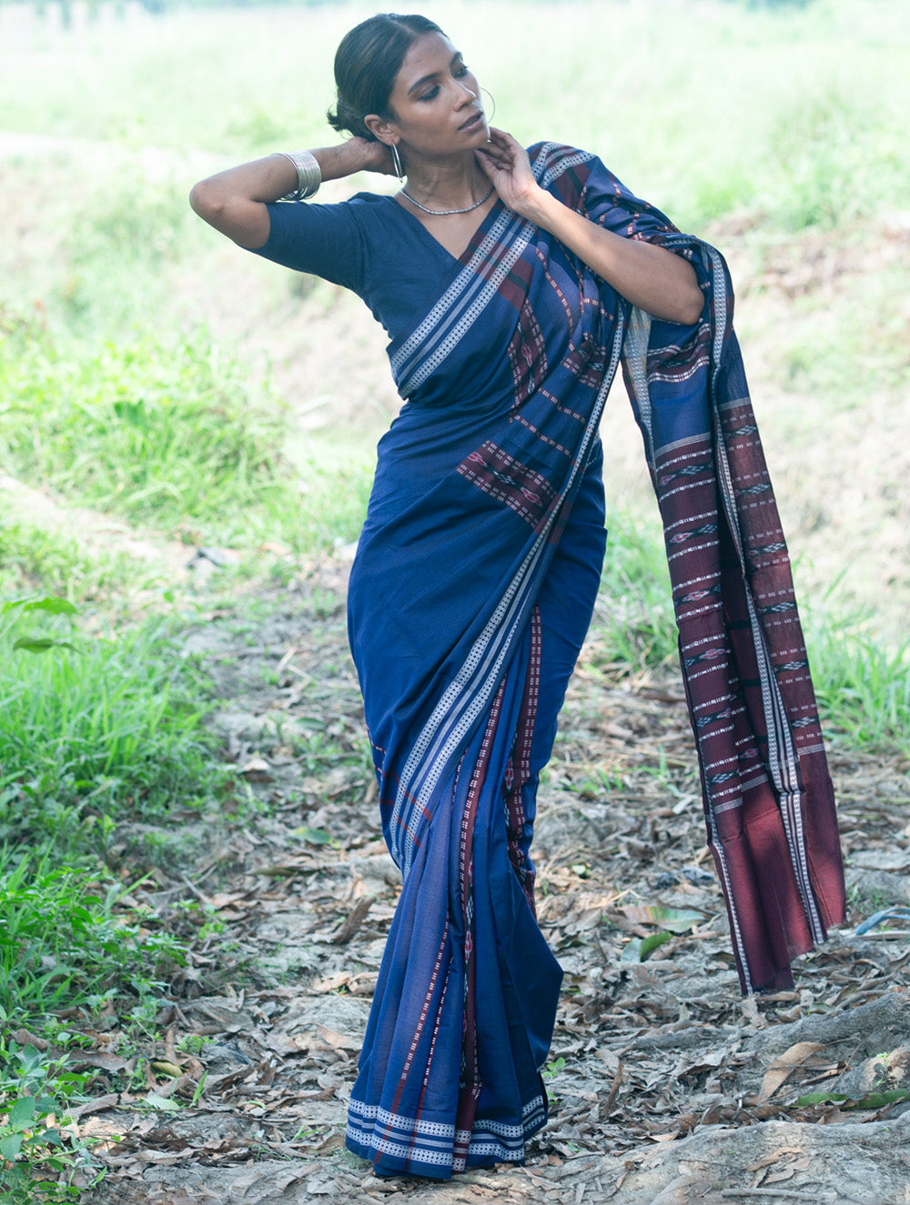 Sambalpuri Handwoven Ikat Soft Cotton Saree - Indra Neel