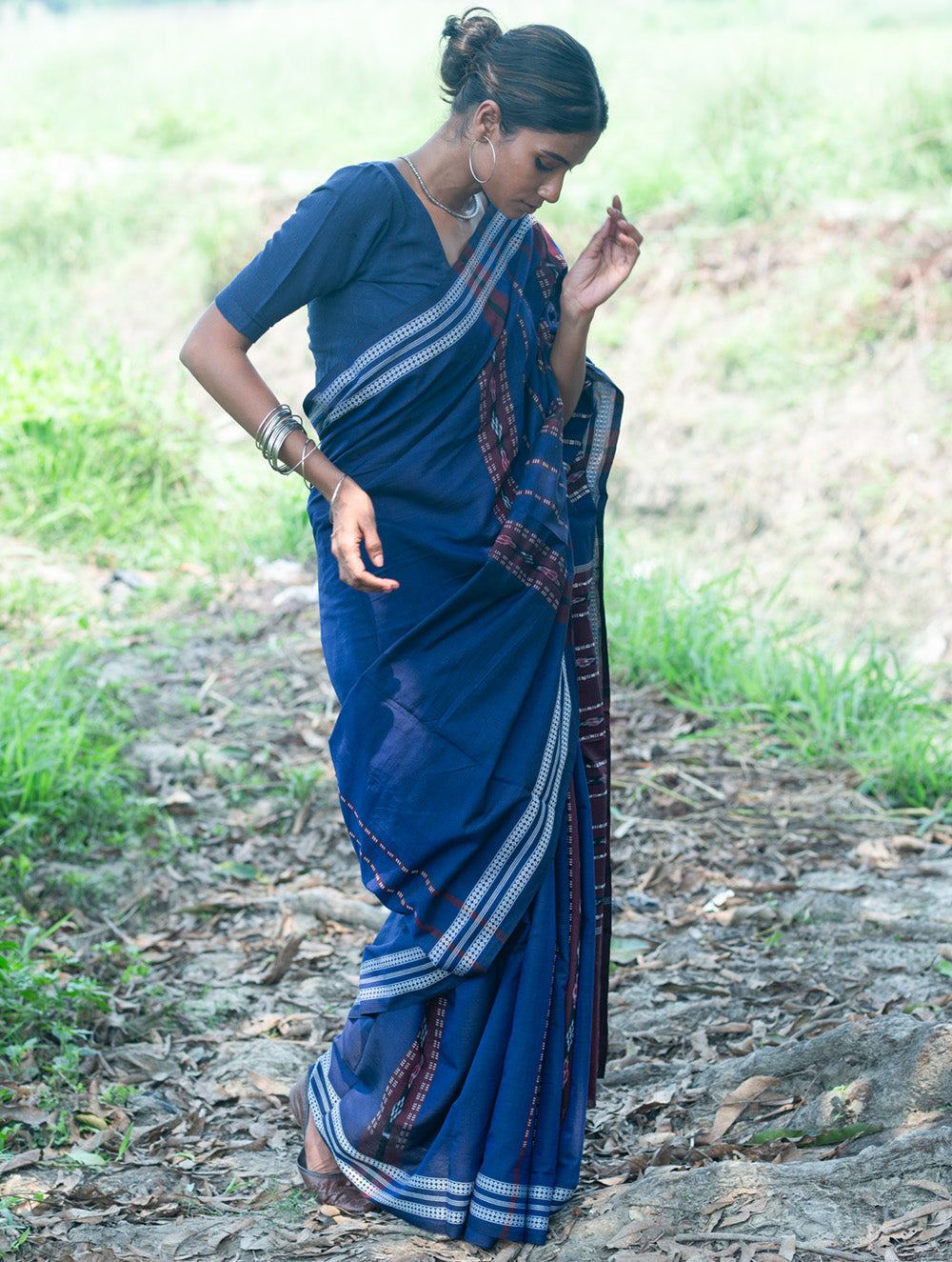 Sambalpuri Handwoven Ikat Soft Cotton Saree - Indra Neel